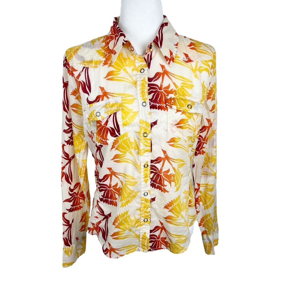Calvin Klein Jeans Snap Button Up Shirt Women Medium Cream Floral Long Sleeve